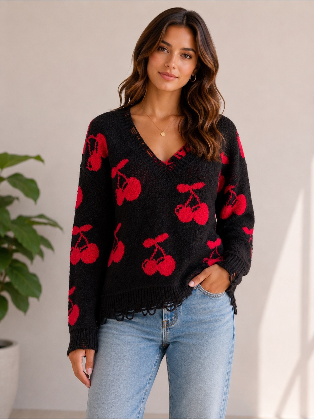 Aqua Black V-Neck Sweater with Red Cherry Motif